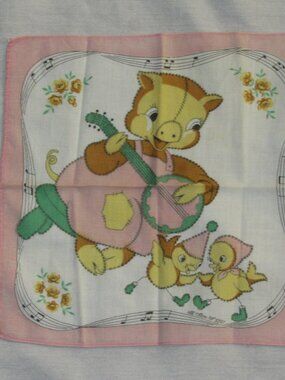 Vintage 1940s 1950s Handkerchief Pig Playing Banjo with Baby Chicks All Cotton